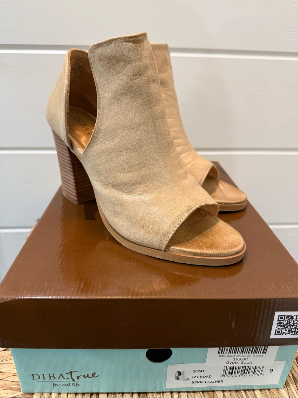 Diba True Open Toe Booties  Shootie Style Beige Leather Peep-Toe Block Heel